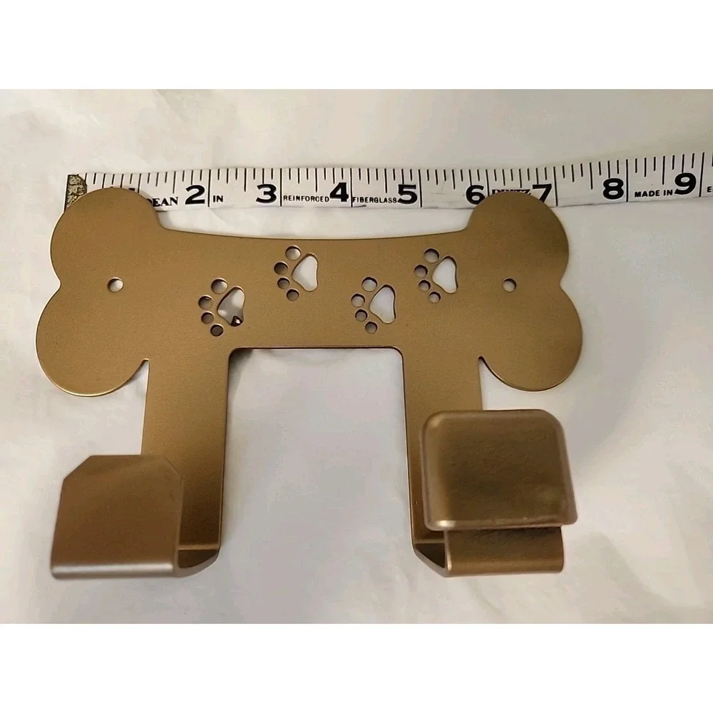 Dog Lovers Leash Rack Bone Shape with Puppy Paws Gold Metal 2 Hooks 7